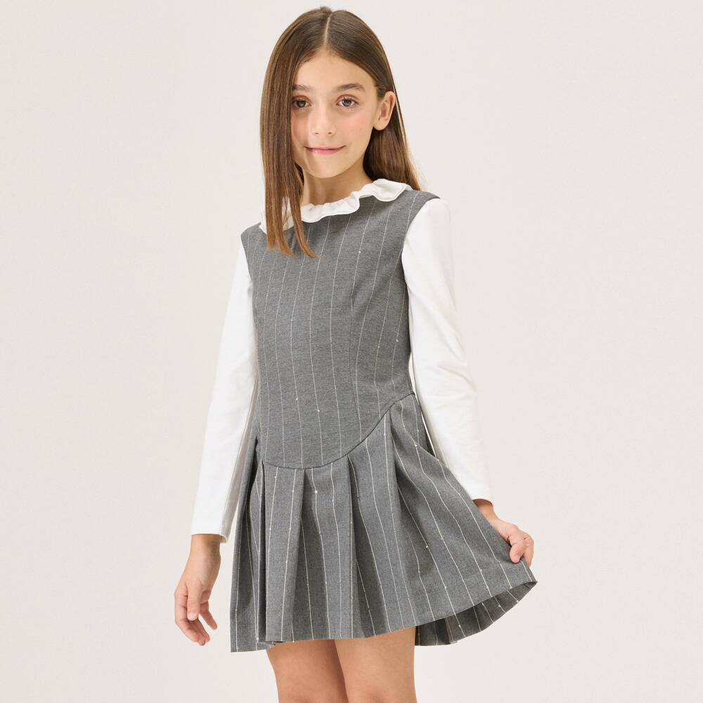 Monnalisa-Girls Grey Striped Sleeveless Dress with Sequins | Childrensalon