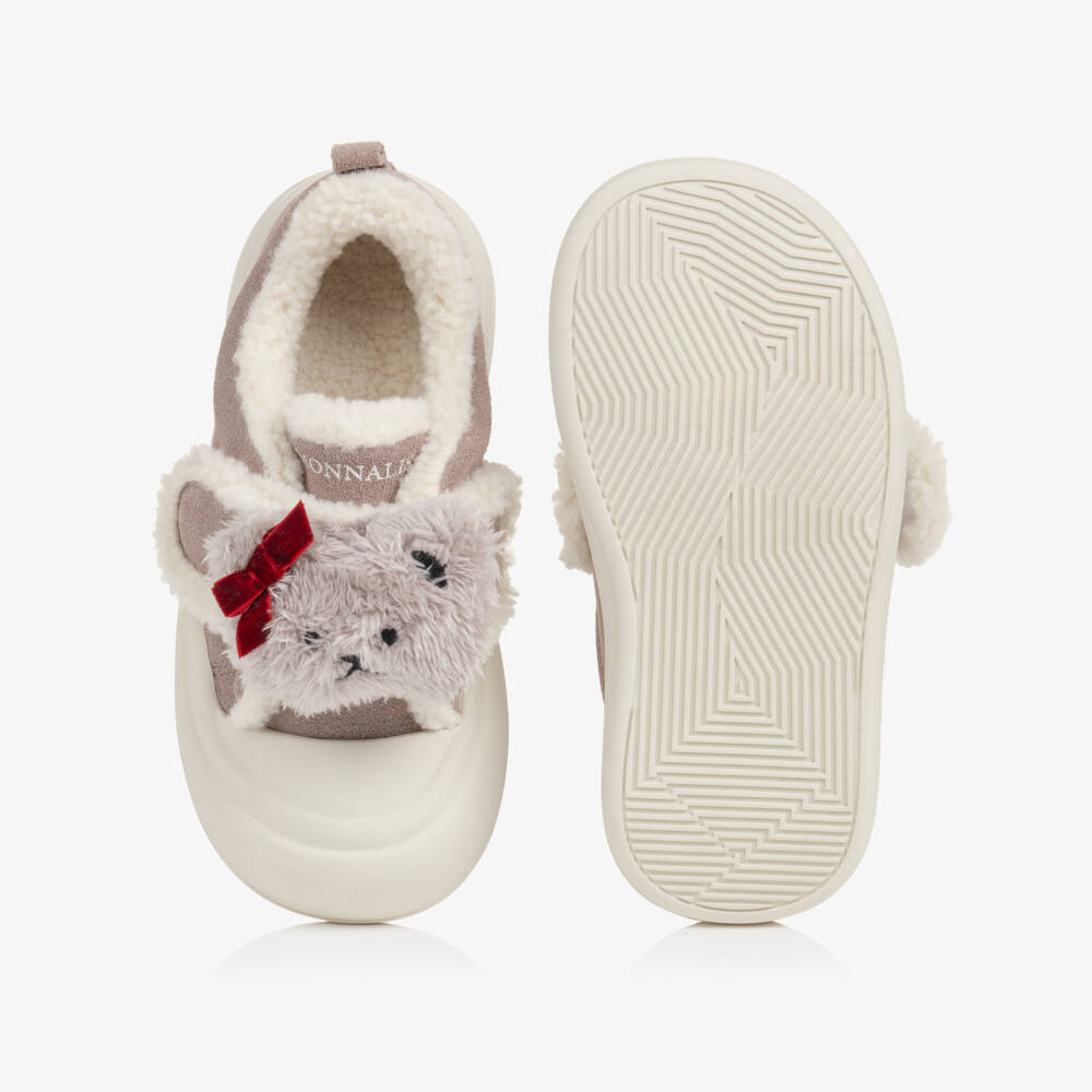 Monnalisa-Girls Grey Suede Leather & Sherpa Fleece Teddy Bear Trainers | Childrensalon
