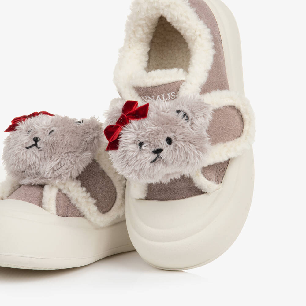 Monnalisa-Girls Grey Suede Leather & Sherpa Fleece Teddy Bear Trainers | Childrensalon