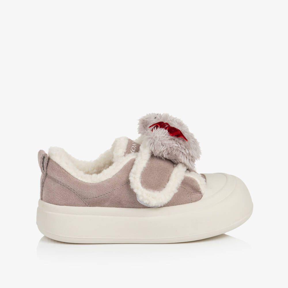 Monnalisa-Girls Grey Suede Leather & Sherpa Fleece Teddy Bear Trainers | Childrensalon