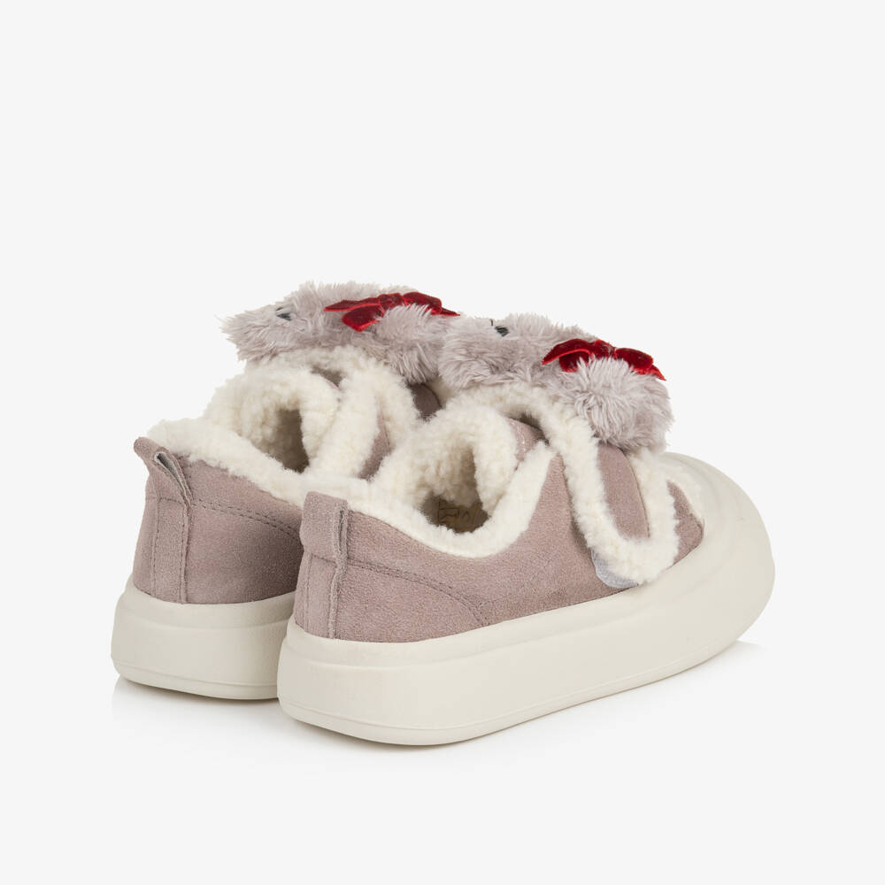 Monnalisa-Girls Grey Suede Leather & Sherpa Fleece Teddy Bear Trainers | Childrensalon