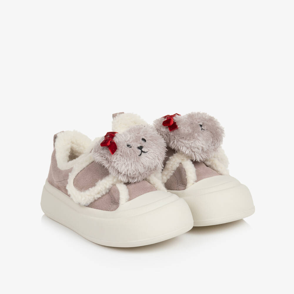 Monnalisa-Girls Grey Suede Leather & Sherpa Fleece Teddy Bear Trainers | Childrensalon