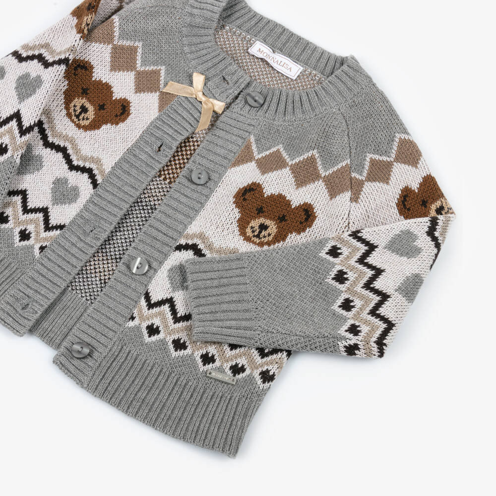 Monnalisa-Girls Grey Teddy Bear Knitted Cardigan | Childrensalon