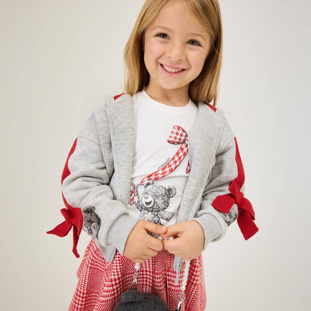 Monnalisa-Girls Grey Zip-Up Hooded Top with Red Bow Trims | Childrensalon