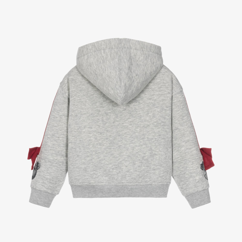 Monnalisa-Girls Grey Zip-Up Hooded Top with Red Bow Trims | Childrensalon