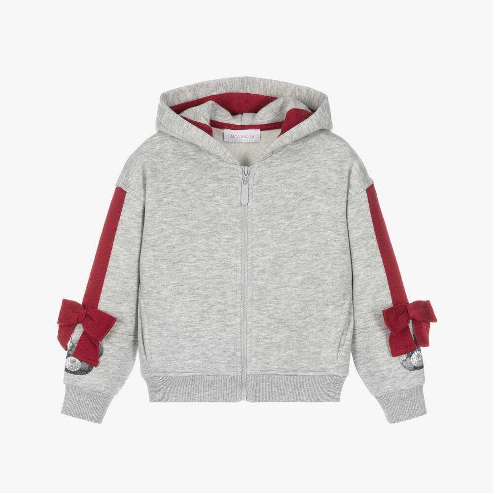 Monnalisa-Girls Grey Zip-Up Hooded Top with Red Bow Trims | Childrensalon