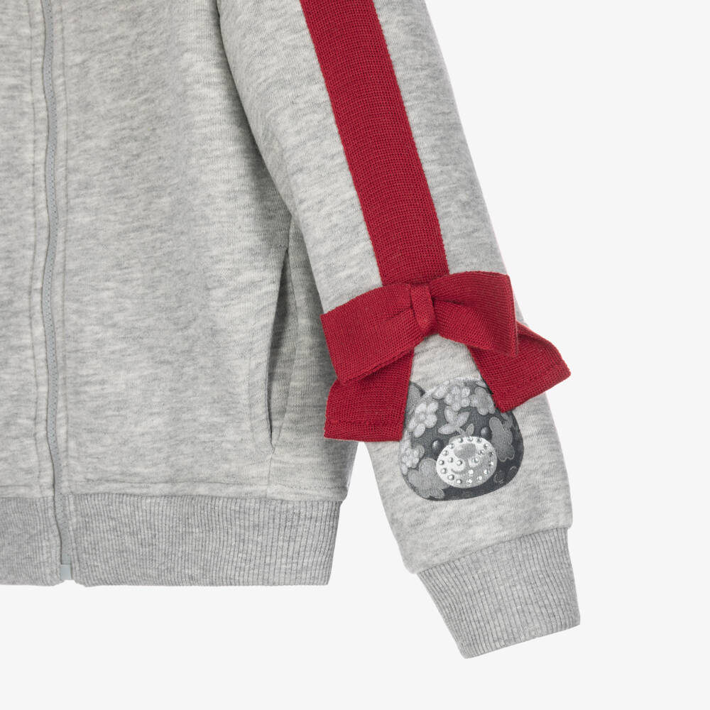 Monnalisa-Girls Grey Zip-Up Hooded Top with Red Bow Trims | Childrensalon