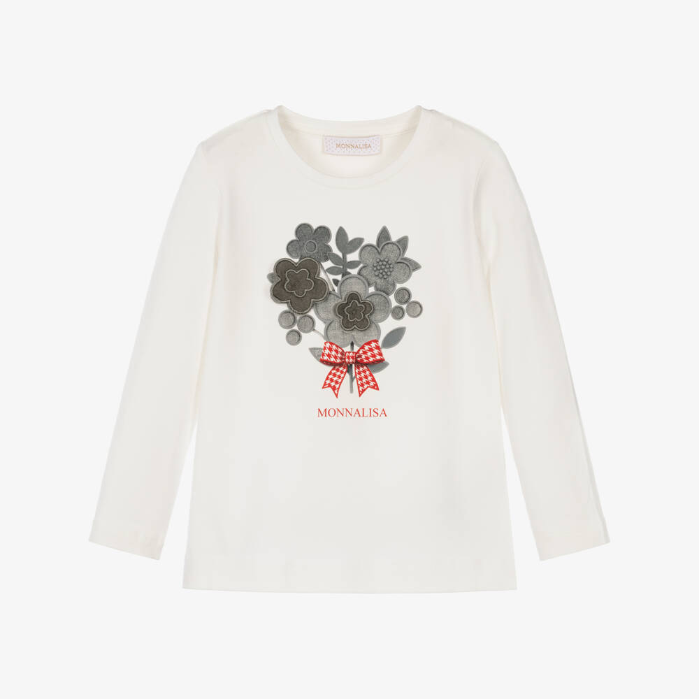 Monnalisa-Girls Ivory 3D Flower Bouquet Top | Childrensalon