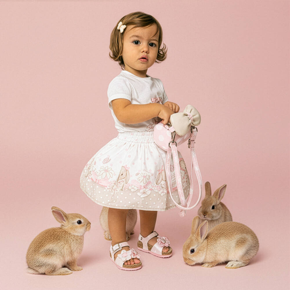 Monnalisa-Girls Ivory & Beige Cotton Bunny Print Skirt | Childrensalon
