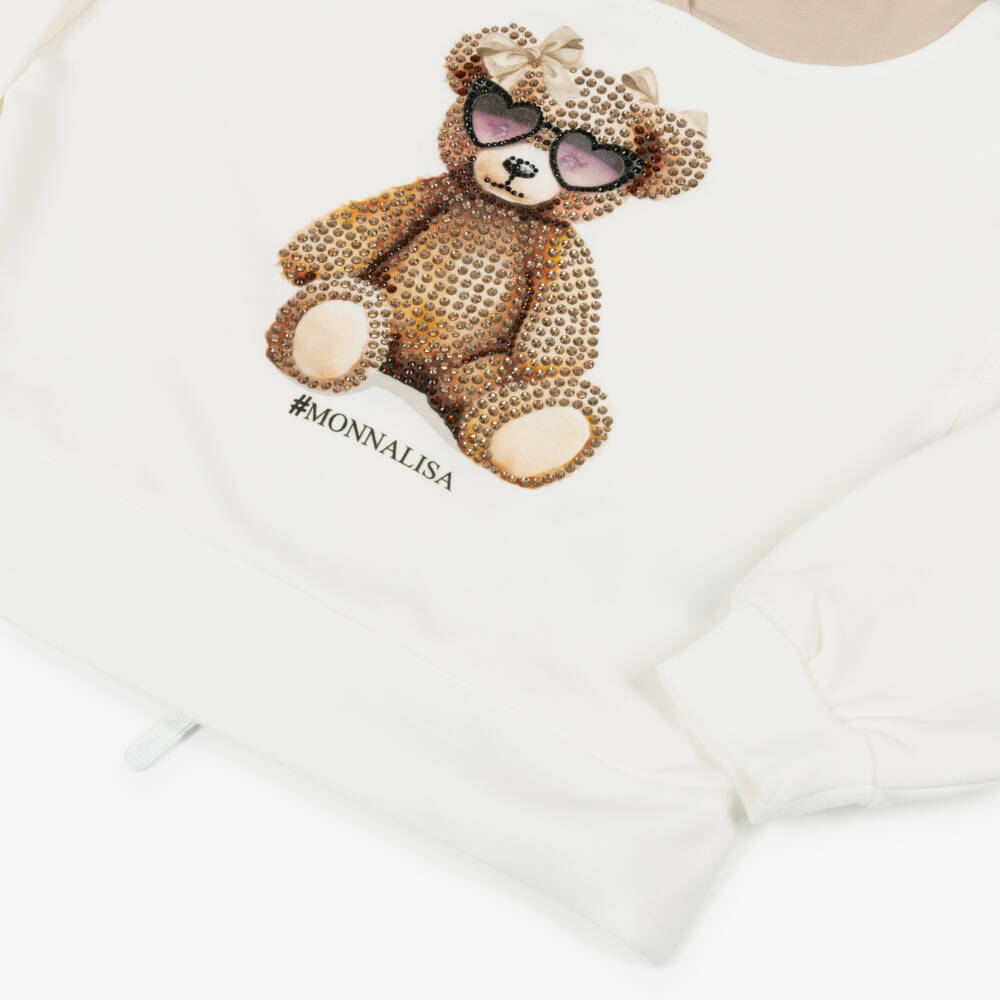 Monnalisa-Girls Ivory & Beige Cotton Tracksuit with Diamanté Bear | Childrensalon