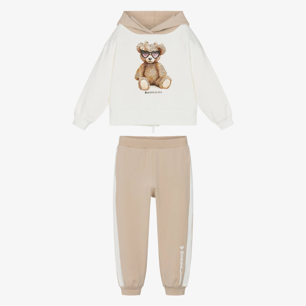 Monnalisa-Girls Ivory & Beige Cotton Tracksuit with Diamanté Bear | Childrensalon