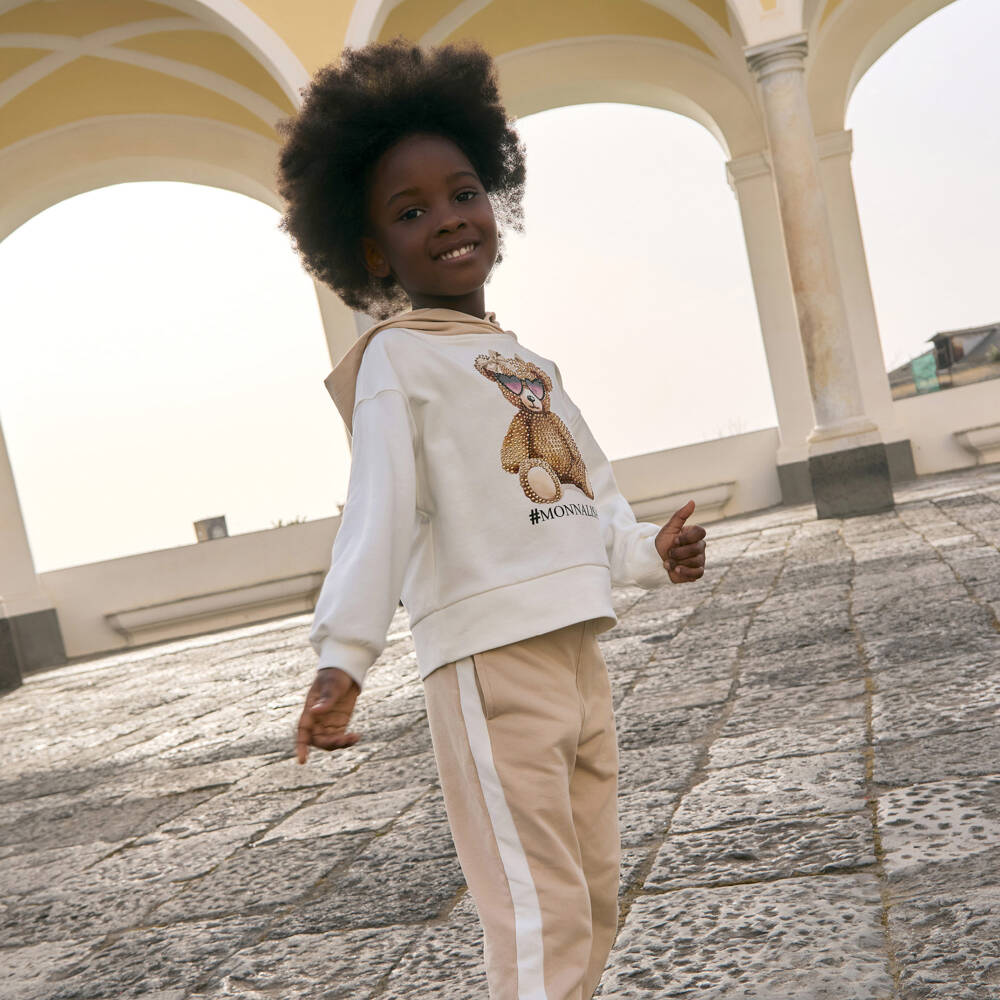 Monnalisa-Girls Ivory & Beige Cotton Tracksuit with Diamanté Bear | Childrensalon