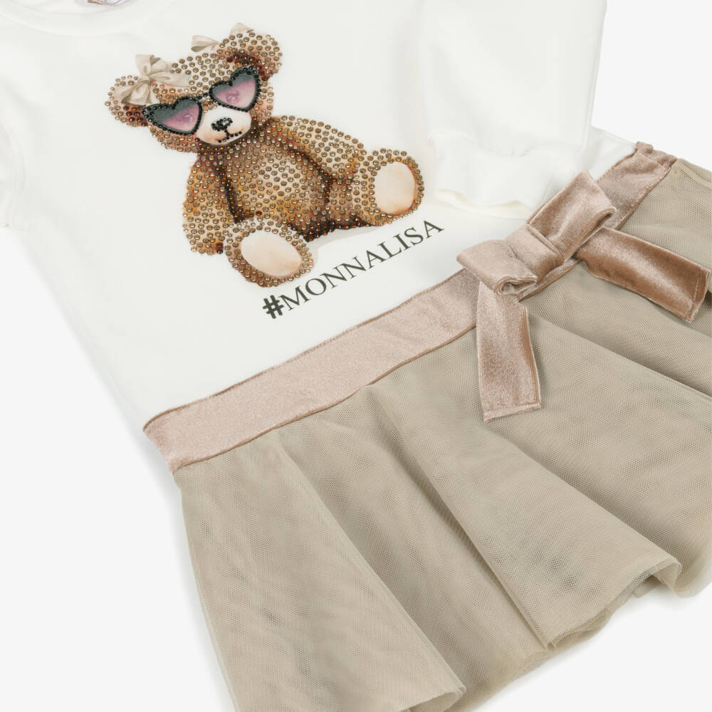 Monnalisa-Girls Ivory & Beige Rhinestone Bear Dress | Childrensalon