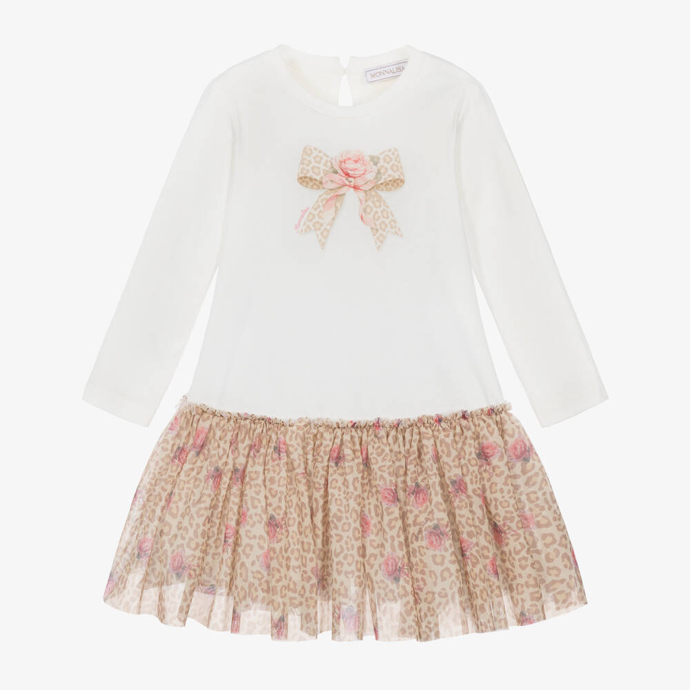Monnalisa-Girls Ivory & Beige Tulle Leopard Print Dress | Childrensalon