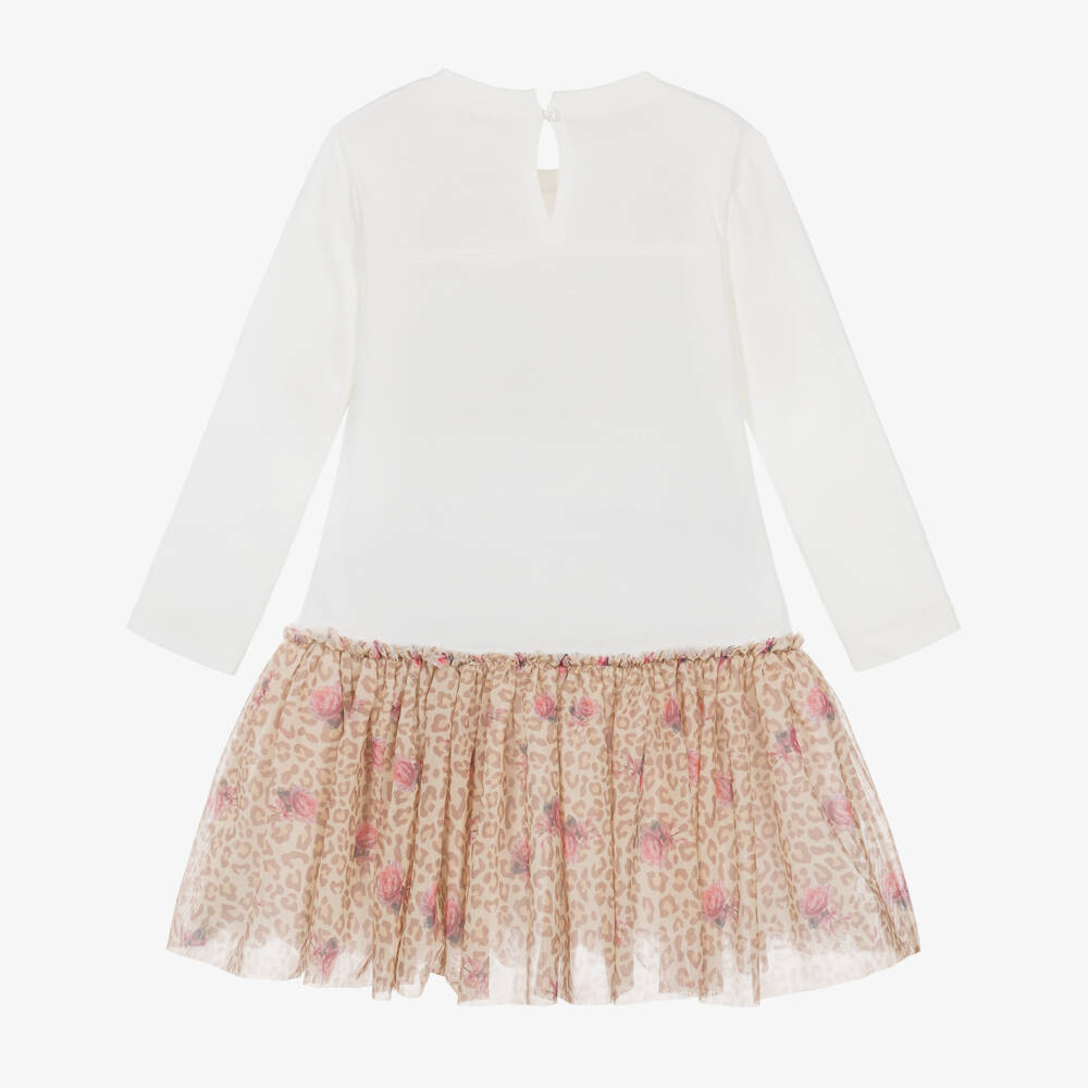 Monnalisa-Girls Ivory & Beige Tulle Leopard Print Dress | Childrensalon