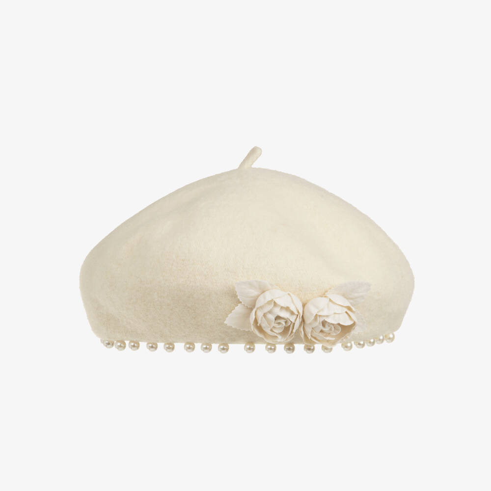 Monnalisa-Girls Ivory Beret with Flower & Pearl Details | Childrensalon