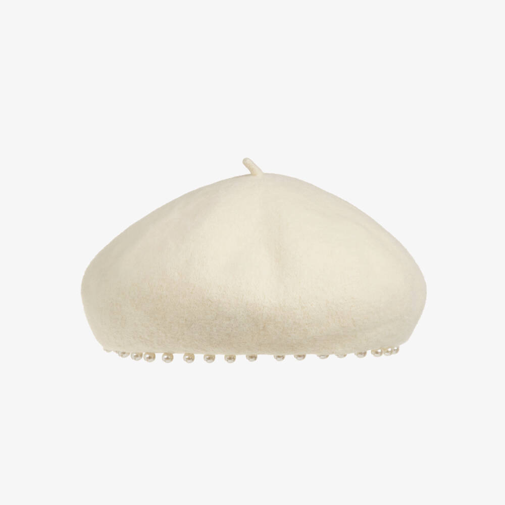 Monnalisa-Girls Ivory Beret with Flower & Pearl Details | Childrensalon