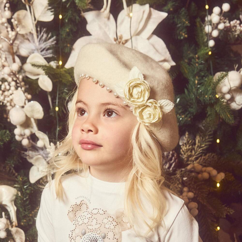 Monnalisa-Girls Ivory Beret with Flower & Pearl Details | Childrensalon