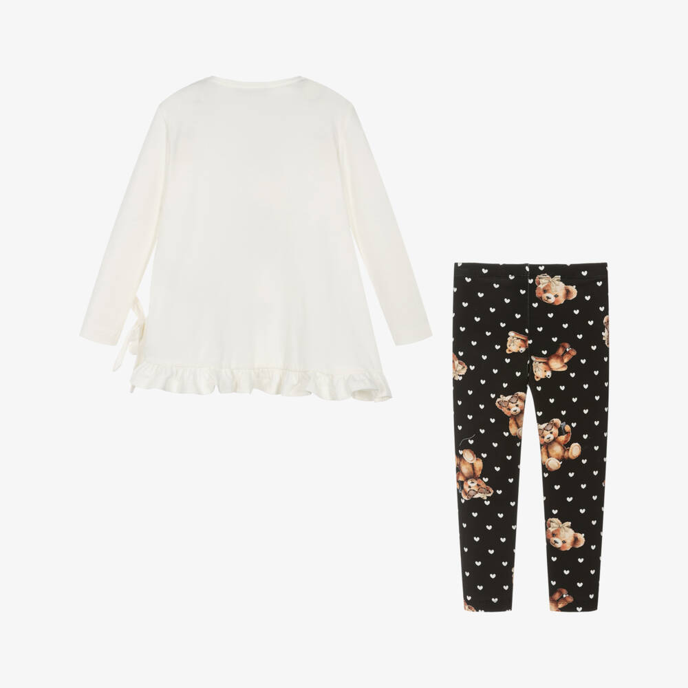 Monnalisa-Girls Ivory & Black Cotton Teddy Print Leggings Set | Childrensalon