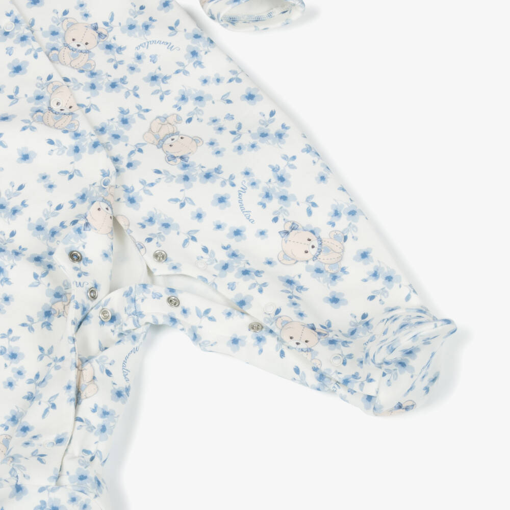 Monnalisa-Girls Ivory & Blue Floral Cotton Babygrow with Teddy Bears | Childrensalon