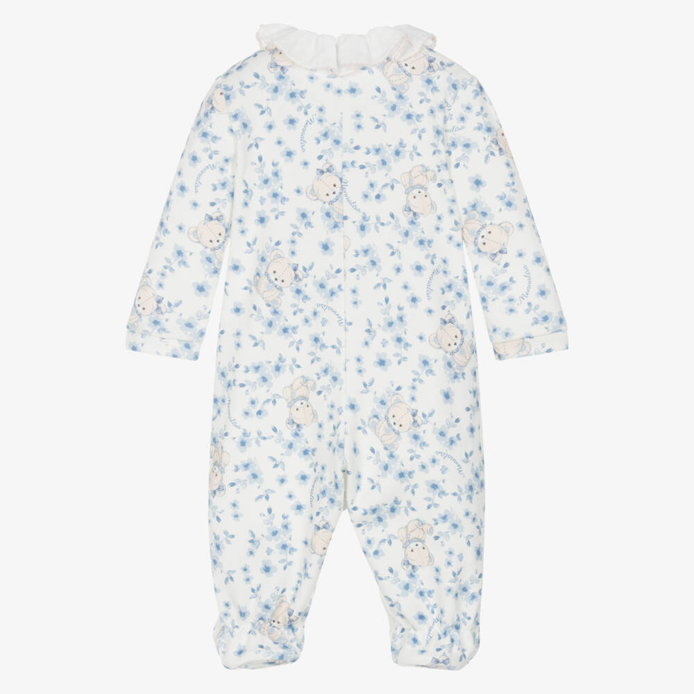 Monnalisa-Girls Ivory & Blue Floral Cotton Babygrow with Teddy Bears | Childrensalon