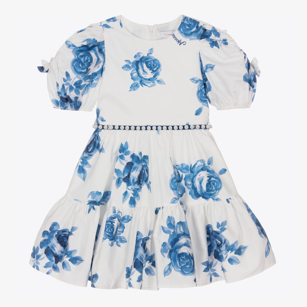 Monnalisa Ivory Pleated Dress With Rose Appliques