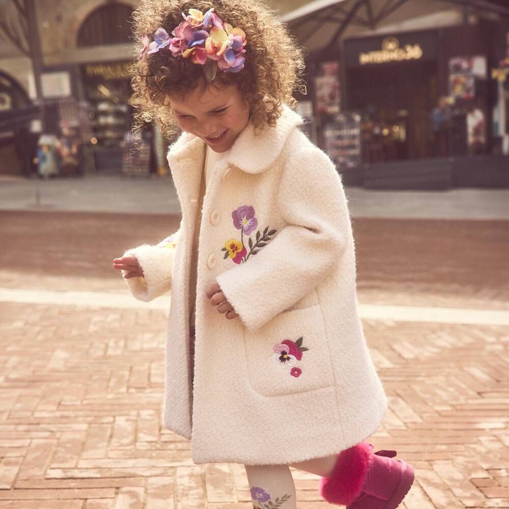 Monnalisa-Girls Ivory Bouclé Coat with Embroidered Flowers | Childrensalon