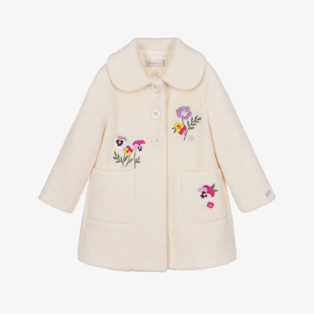 Monnalisa-Girls Ivory Bouclé Coat with Embroidered Flowers | Childrensalon