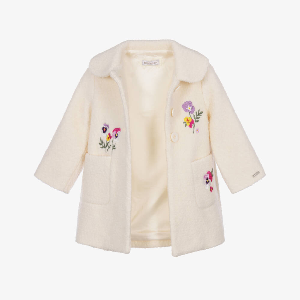 Monnalisa-Girls Ivory Bouclé Coat with Embroidered Flowers | Childrensalon