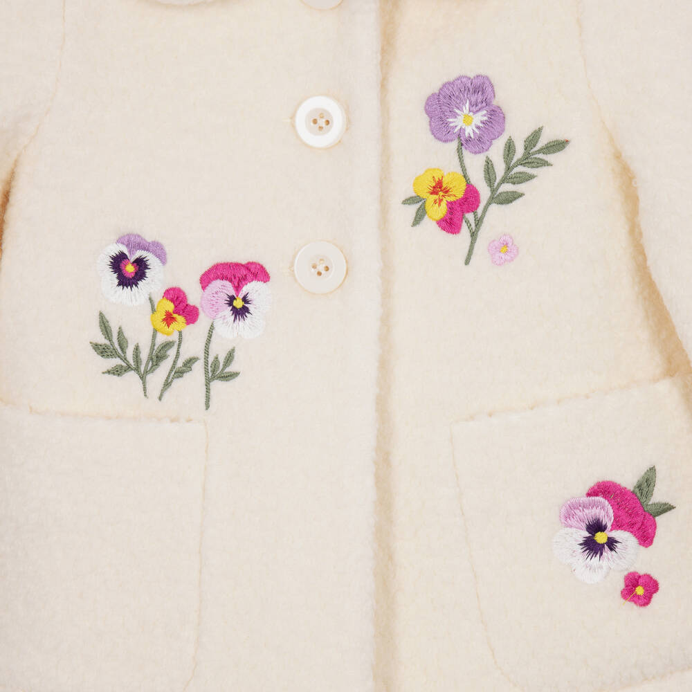 Monnalisa-Girls Ivory Bouclé Coat with Embroidered Flowers | Childrensalon