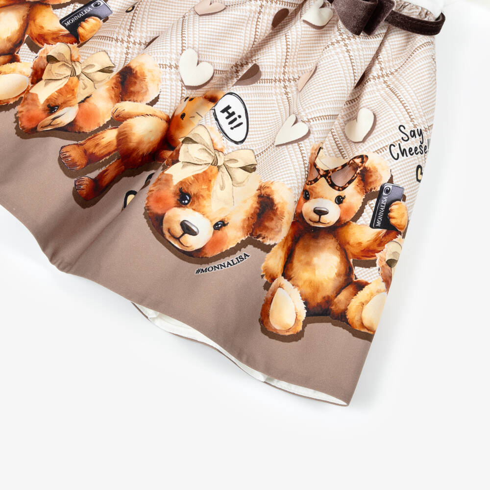 Monnalisa-Girls Ivory & Brown Teddy Bear Dress | Childrensalon