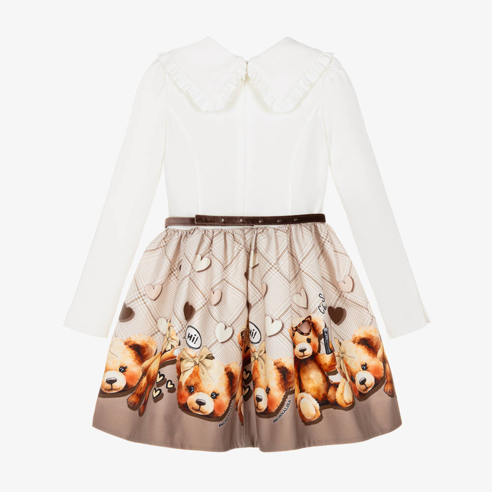 Monnalisa-Girls Ivory & Brown Teddy Bear Dress | Childrensalon