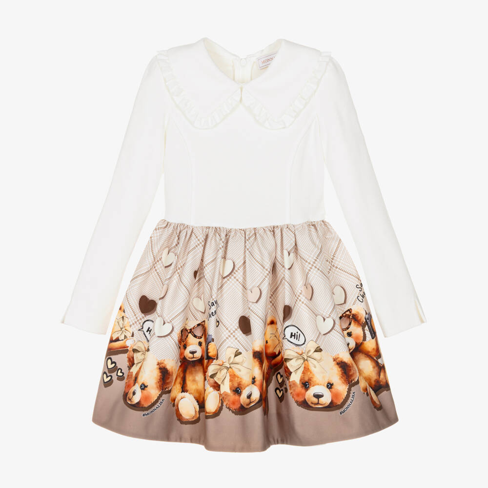 Monnalisa-Girls Ivory & Brown Teddy Bear Dress | Childrensalon