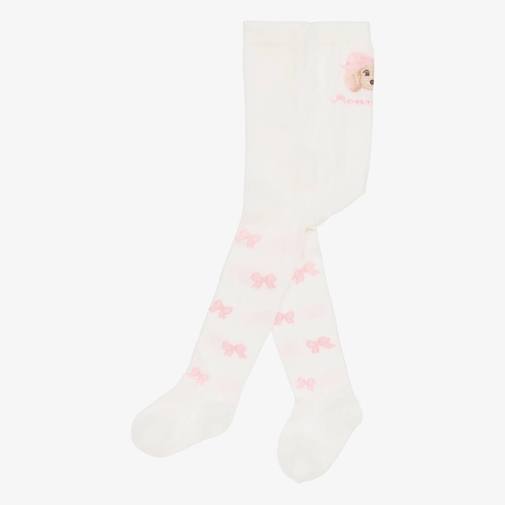 Monnalisa-Girls Ivory Cotton Bow & Puppy Tights | Childrensalon