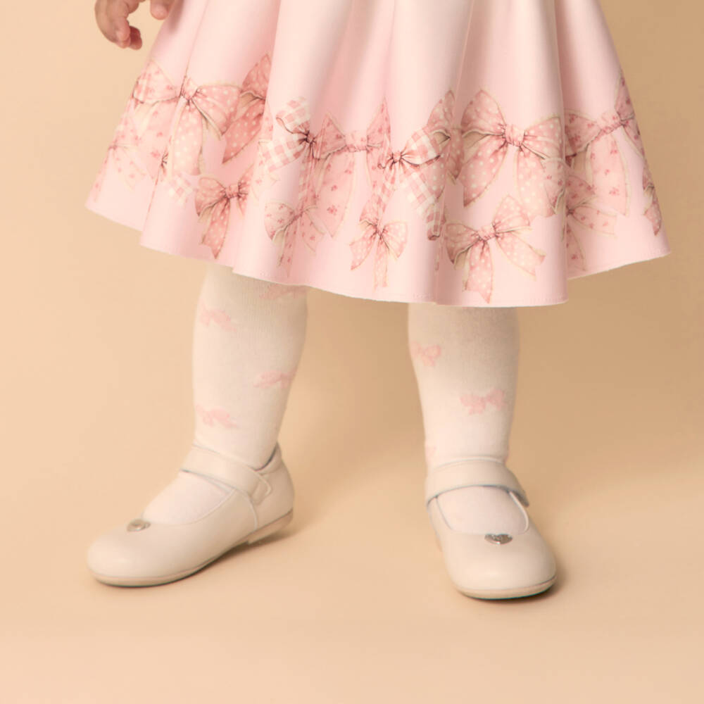 Monnalisa-Girls Ivory Cotton Bow & Puppy Tights | Childrensalon
