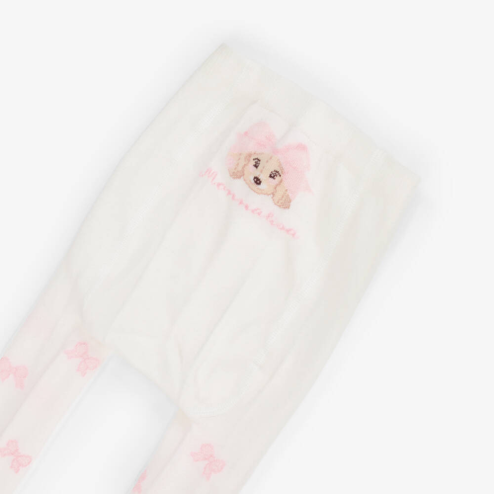 Monnalisa-Girls Ivory Cotton Bow & Puppy Tights | Childrensalon