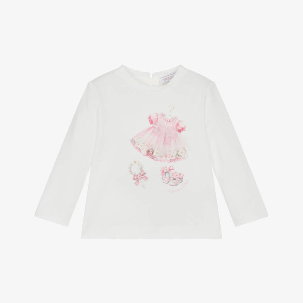 Monnalisa-Girls Ivory Cotton Jersey Top with Pink Dress Print | Childrensalon