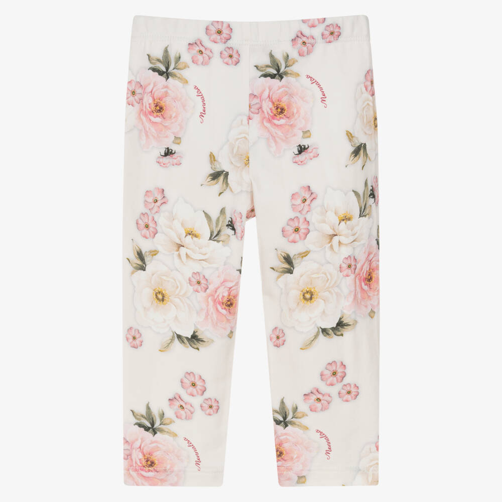 Monnalisa-Girls Ivory Cotton Leggings with Pink Floral Print | Childrensalon