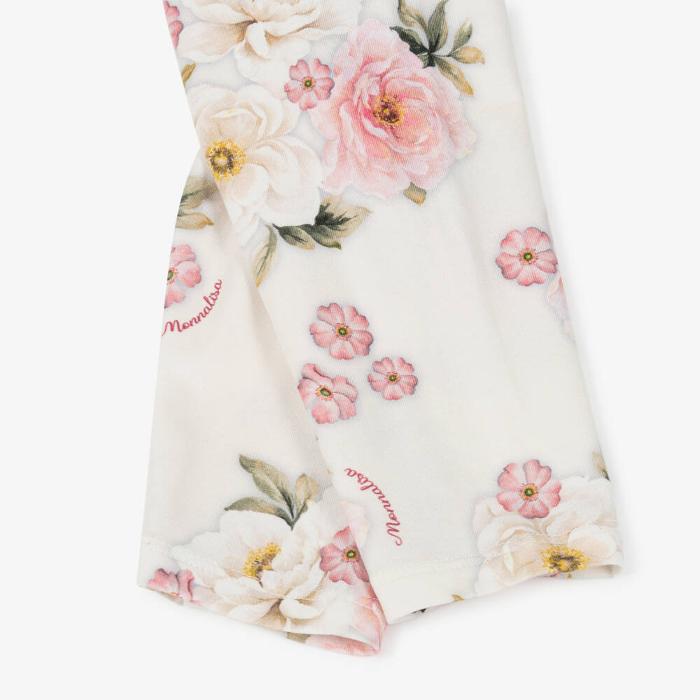 Monnalisa-Girls Ivory Cotton Leggings with Pink Floral Print | Childrensalon