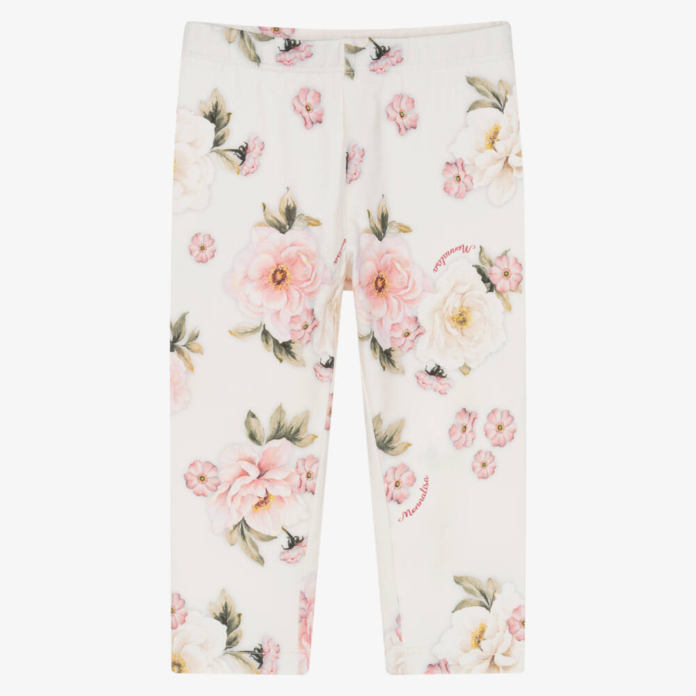 Monnalisa-Girls Ivory Cotton Leggings with Pink Floral Print | Childrensalon