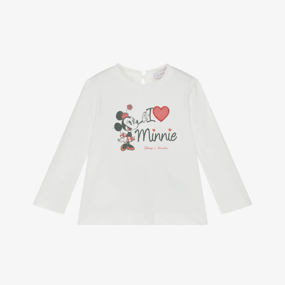 Monnalisa-Girls Ivory Cotton Minnie Mouse Top with Diamanté Heart | Childrensalon