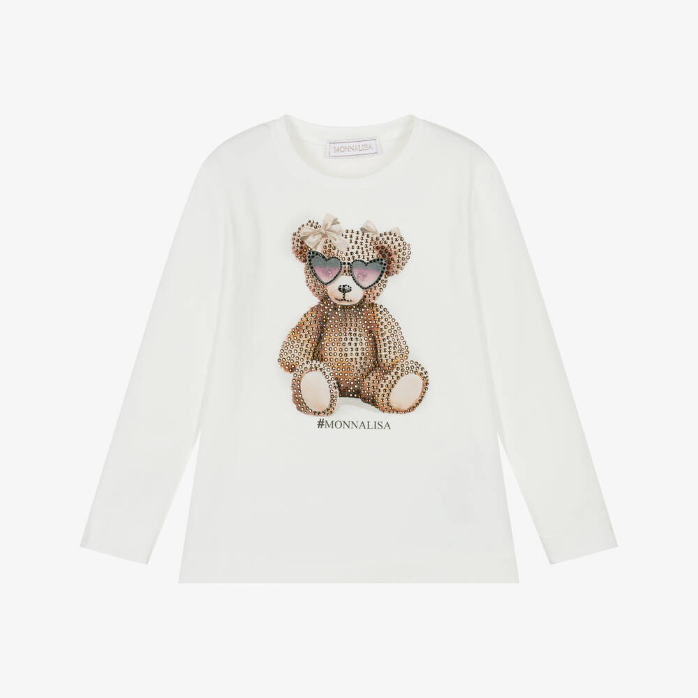 Monnalisa-Girls Ivory Cotton Rhinestone Bear Top | Childrensalon
