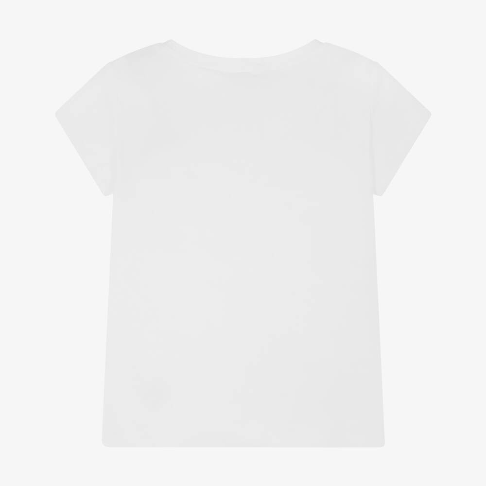 Monnalisa-Футболка кремовая хлопковая с голубым цветочным принтом и бантом для девочек | Childrensalon