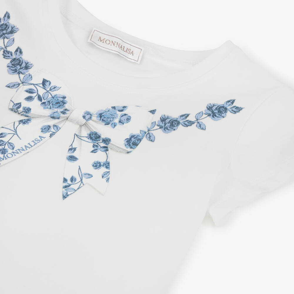 Monnalisa-Футболка кремовая хлопковая с голубым цветочным принтом и бантом для девочек | Childrensalon