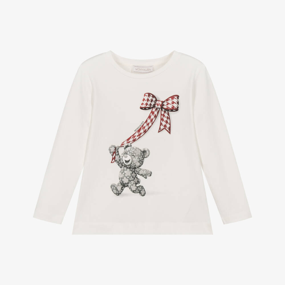 Monnalisa-Girls Ivory Cotton Top with Bear & Bow | Childrensalon
