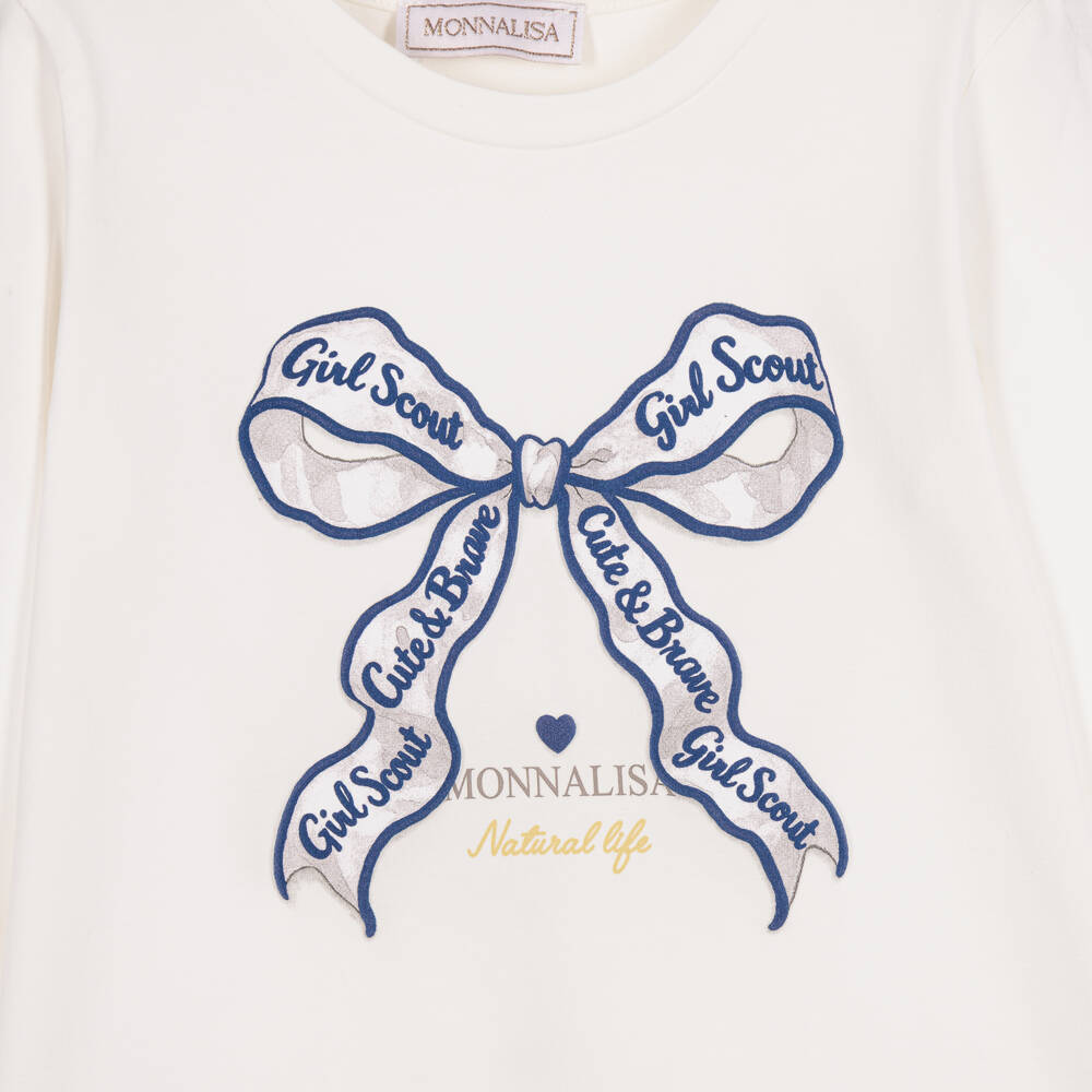 Monnalisa-Girls Ivory Cotton Top with Blue Bow Motif | Childrensalon