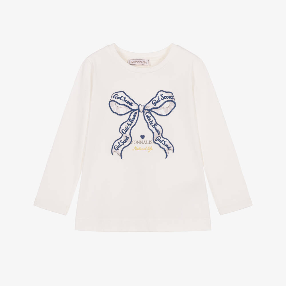 Monnalisa-Girls Ivory Cotton Top with Blue Bow Motif | Childrensalon