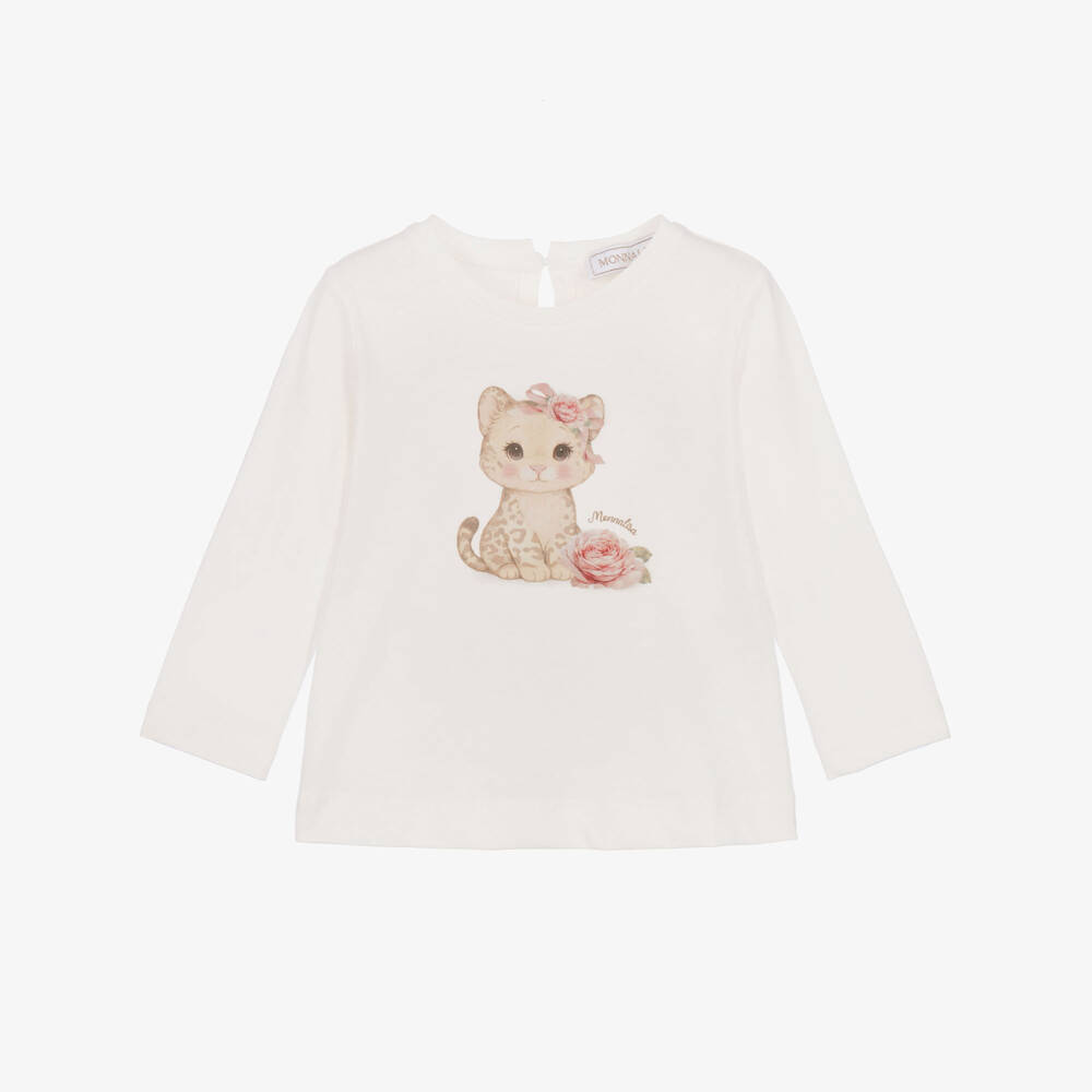 Monnalisa-Girls Ivory Cotton Top with Leopard Graphic | Childrensalon