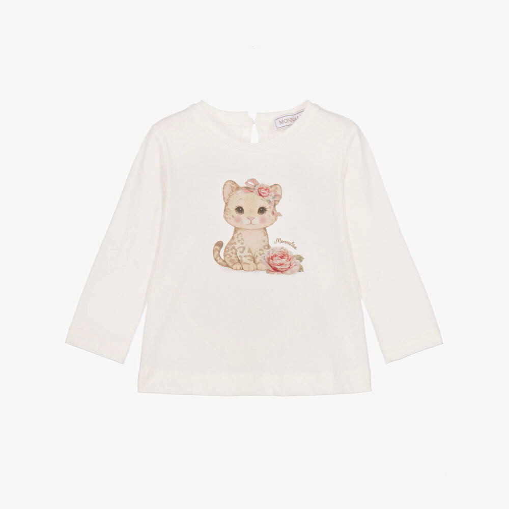 Monnalisa-Girls Ivory Cotton Top with Leopard Graphic | Childrensalon