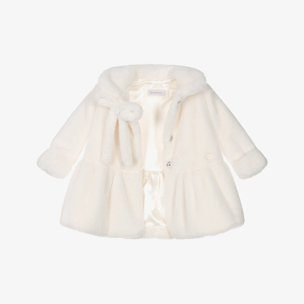 Monnalisa-Girls Ivory Faux Fur Coat | Childrensalon